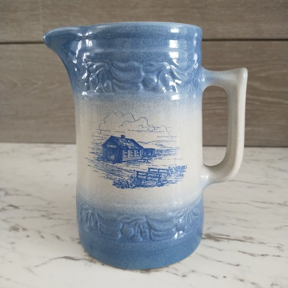Vintage Red Wing Stoneware Blue Cherry Band Pitcher 1996 Leigh Nebraska